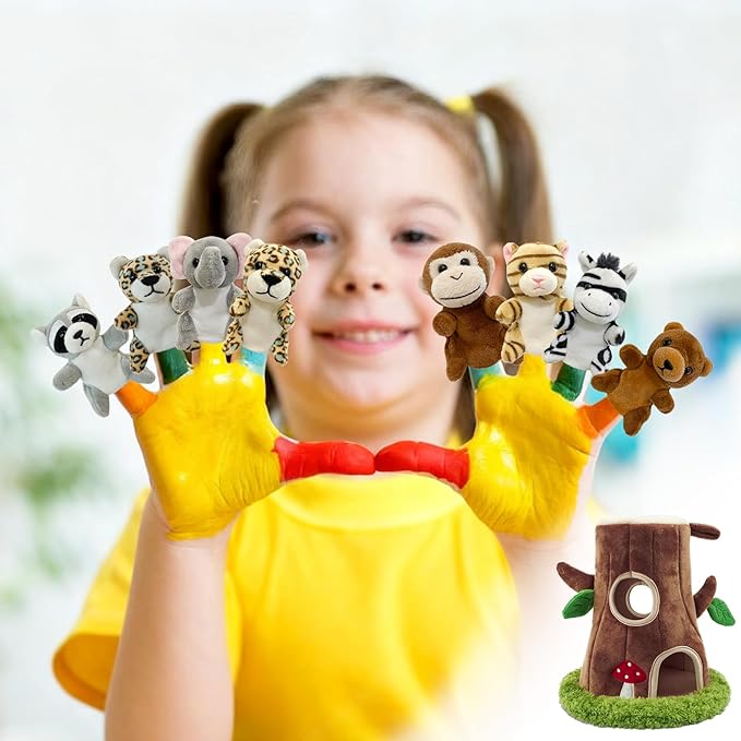 9 Pcs Finger Puppets Set Mini Toys, Soft Plush Jungle Animal Finger Puppet for Kids Mini Stuffed Animals with Tree Hole House,Finger Puppets for Toddlers Role-Playing Storytelling Christmas School