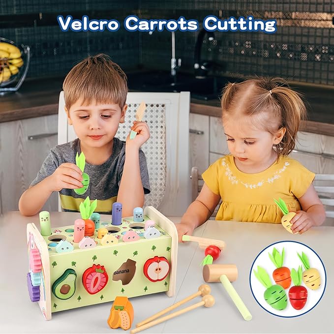 10 in 1 Montessori Toys for Toddlers, Wooden Hammering Pounding Toy with Whack A Mole Game, Xylophone, Fishing and Fruit Recognition Baby Brithday for Toddlers