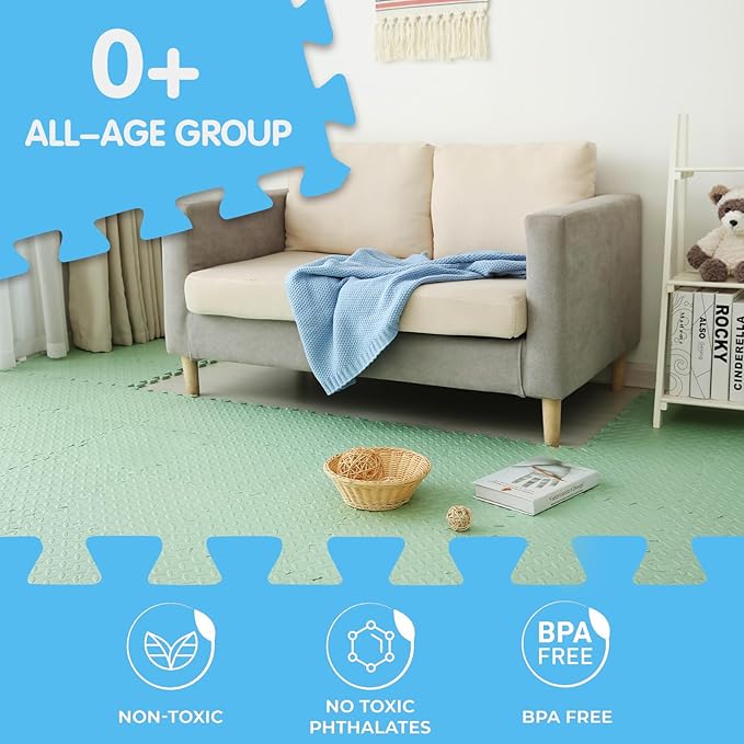 Coolcandy EVA Foam Play Mat, 16 Tiles Colorful Baby Play Mat, Square Kids Playmat with Solid Colored, 0.4" Thickened Interlocking Foam Floor Tiles, Puzzle Play Mat For Baby Lying, Playing (Bean Green)