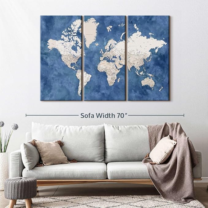ElephantStock Detailed World Map With Cities I Wall Art - Horizontal Canvas - 3-Piece Living Room Decor - Watercolor Map Canvas Print - Beige and Blue Wall Decor by Blursbyai - 57" X 36"