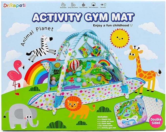 Dr.Rapeti Baby Play Gym Mat Animal Planet with Ball Pit Activity Gym Center Tummy Time Mat Thickened Mat Sensory Exploration Motor Skill Development for Newborn Infant Baby Toddler for 0+