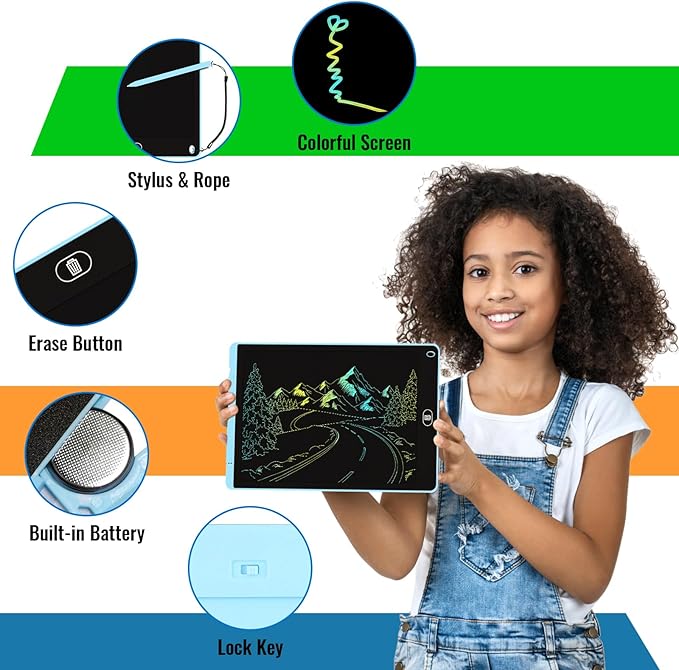 2 Pack 12 Inch LCD Writing Tablet for Kids, Electight Colorful Doodle Board, Eye Protection Drawing Tablet with Lock & Erase FUNC, Birthday Gifts Education Toys for 3-8 Years Old Boys and Girls - Blue