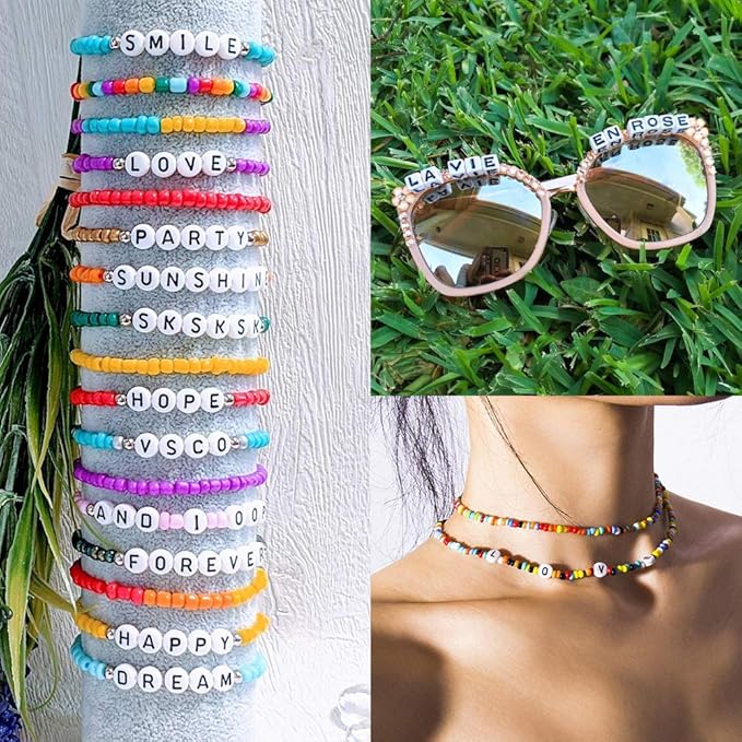 7600pcs Friendship Bracelet Kit Including 6000pcs 4mm Glass Seed Beads and 1600pcs Letter Beads for Bracelet Making, Jewelry Making and Crafts with 20m Crystal String and 30m Elastic String