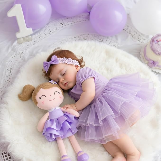 Gloveleya Princess Tutu Doll – 14 Inch Soft Plush Baby Doll for Girls with Purple Dress & Gift Bag, First Baby Doll for Toddler Girls, Birthday Present, Baby Shower & Holiday Keepsake