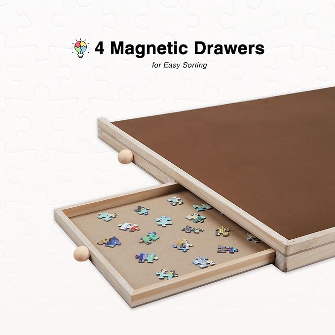 Tilting Puzzle Board with Drawers and Cover, 1000 Piece, 30" x 22", Portable Wooden Jigsaw Puzzle Table for Adults and Kids, 4 Drawers