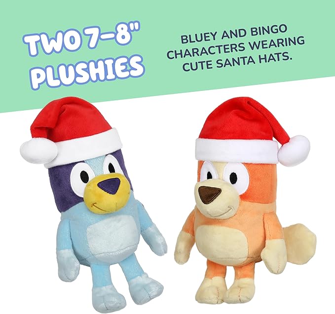 Bluey Toddler Plush Toys Pack of 2, 7-8”, Soft, Festive Holiday Season Plush Figure Toys with Santa Hats, Cuddly Plush Animals for Kids Ages 3+