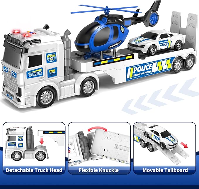 Kids Toys for Ages 3 4 5 6 7 8 Years Old Boys, 25" Large Police Semi Truck with Helicopter & Race Car, Friction Powered Vehicle with Lights & Sounds,Birthday Gift for Boys Girls