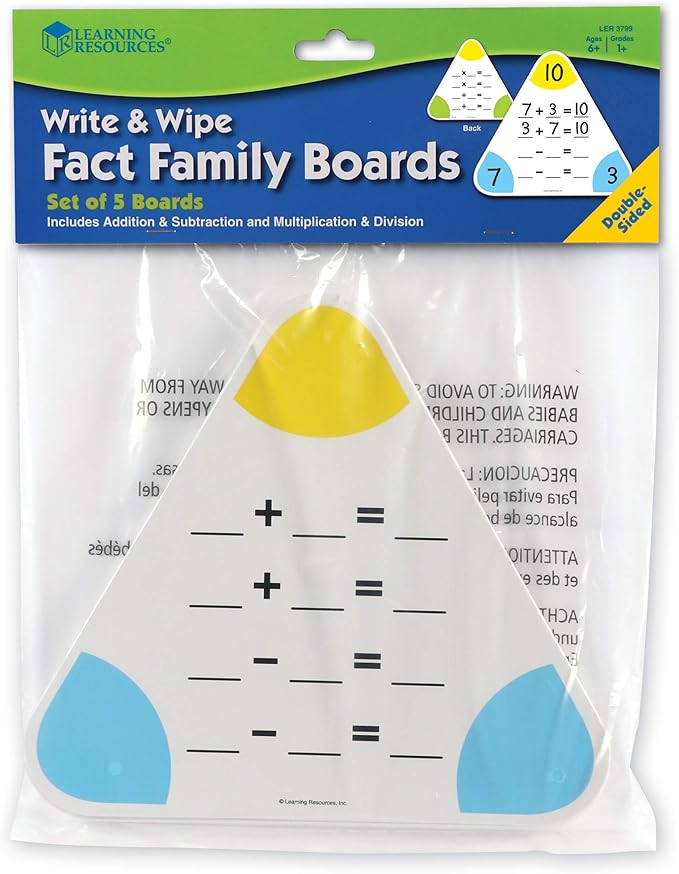 Learning Resources Write & Wipe Fact Family Boards, Dry Erase, Set of 5 Double-sided Boards, Ages 6+