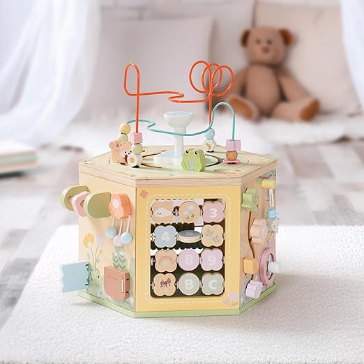 ROBOTIME Wooden Activity Cube for Toddlers, 13 in 1 Montessori Baby Activity Cube, Baby Play Cube Toy with Educational Features, Gift Wooden Cube Toy for Boys & Girls - 1 Year +