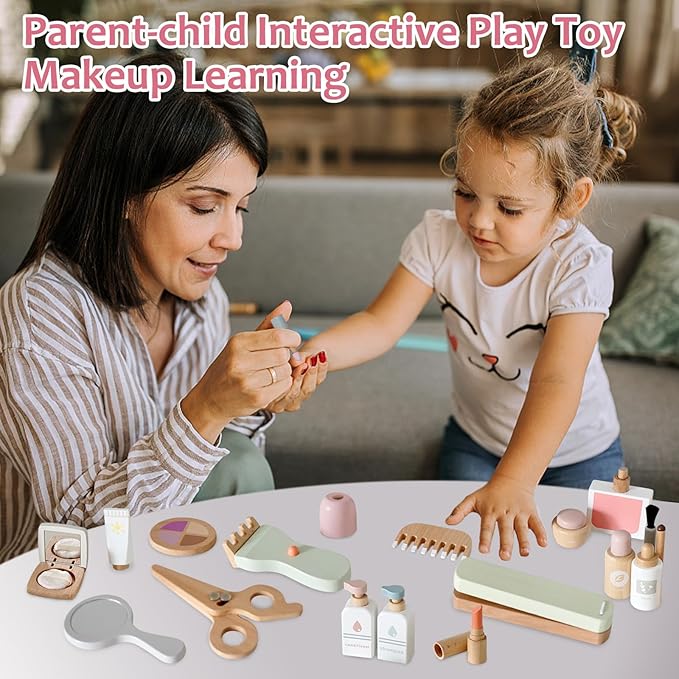 22 PCS Wooden Makeup Toy Set for Toddler Pretend Play,Wood Beauty Salon Toys Cute Wooden Makeup Kit with Realistic Accessories Gift for Girls 3 4 5 6