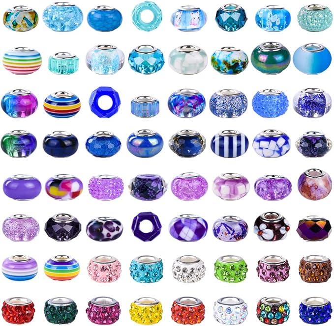 Aipridy Assortment European Large Hole Beads Spacer Beads Rhinestone Craft Beads for DIY Charms Bracelet Jewelry Making (Purple-Lake Blue-Blue)