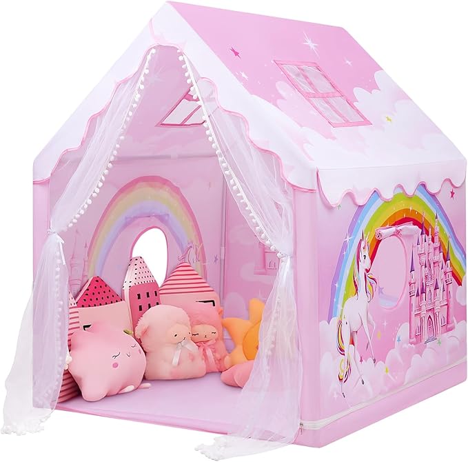 Kids Play Tent Pink Princess Tent for Girls, Large and Foldable Kids Playhouse with Windows, Portable and Lightweight Playtent Indoor &Outdoor for Gift to Toddlers