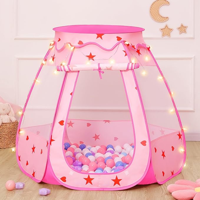 Pop Up Princess Tent with Star Light：Toy for Girl Birthday Gifts, Portable Ball Pit with Outdoor Carry Bag, Collapsible Kids Play Tent for Toddler Indoor Activity Playhouse, NO Balls(Pink)