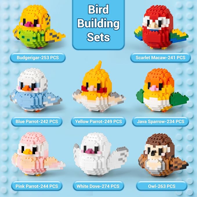 HIGH GODO Bird Parrot Building Sets for Adults, 8 Pack Mini Birds Animal Party Favors for Kids 8-12, Goodie Bag Stuffers, Small Prize Toys Classroom Gifts for Teens Girls Boys