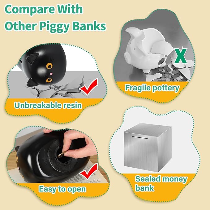 H&W Black Cat Piggy Bank for Girls,Plastic Coin Bank,Unbreakable Money Bank,Cute Piggy Bank for Kids,First Money Box,Best Birthday
