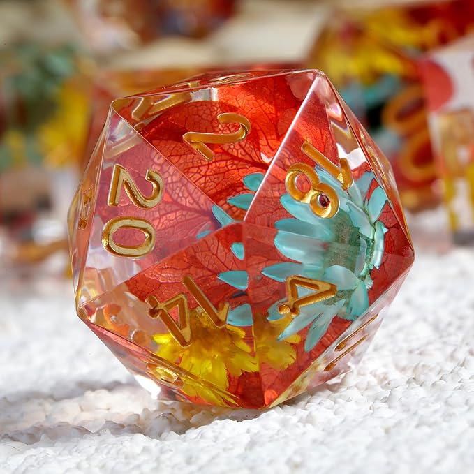 Resin DND Dice,DNDND Handmade Flowers Sharp Edge Die with Gift Case for D&D Dungeons and Dragon Games (Red and Yellow Flowers)