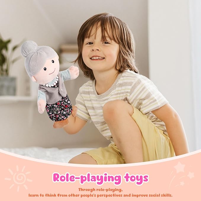 1 Pcs Family Hand Puppets 12 Inch Grandparents, Mom & Dad, Brother & Sister Plush Hand Puppet Toys Role-Play Toy Puppets for Kids Storytelling Imaginative Pretend Play Teaching Preschool(Grandma A)
