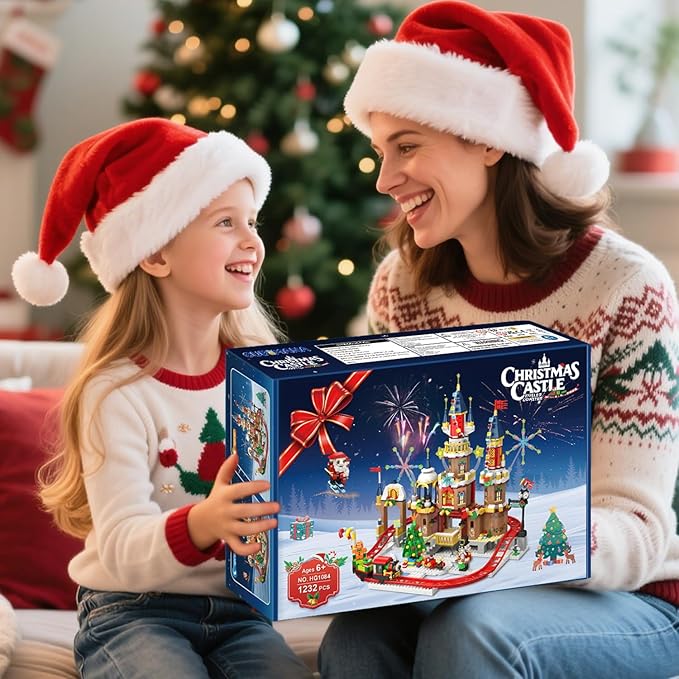 Christmas Castle Roller Coaster Building Set with Lights - 2025 Castle Village Rollercoaster Building Blocks House Xmas Tree Train Santa Claus Playset Gift for Adults Kids Boys Girls -1232PCS