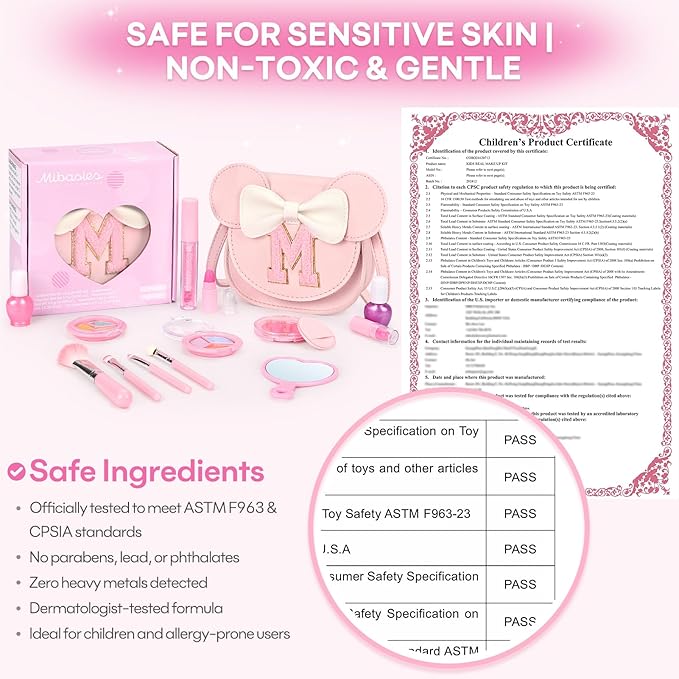 Kids Makeup Kit for Girls - 15 Pcs Real Washable Make Up Set - Non Toxic Toddlers Cosmetic with Letter Mouse Ear Purse - Dress up Birthday Gifts for 3 4 5 6 7 8 Years Old Girls - M