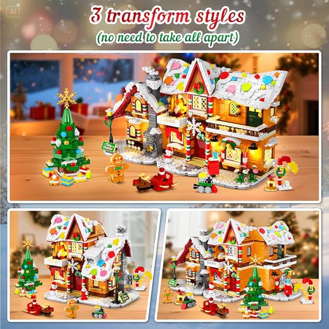 HOGOKIDS 2025 Advent Calendar Gingerbread House Mini Building Set with Light, 24 Days Countdown 3 Style Christmas Village Blocks Toy with Xmas Tree, for Adults Kids Boy Girls Ages 10+