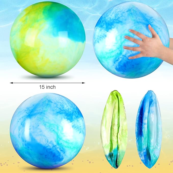 Deekin 2 Pcs 15 Inch 18 Inch Marbleized Bouncy Balls Large Inflatable Rubber Sensory Ball for Playground Outdoor Water(15 Inches,Blue and Green)