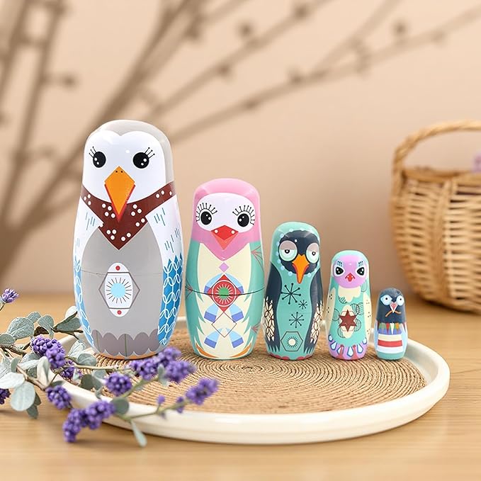 7" Russian Nesting Dolls, Handmade Wooden Matryoshka Dolls with Cute Bird Patterns, Animal Stacking Toys for Kids, Birthday Gift & Home Decoration