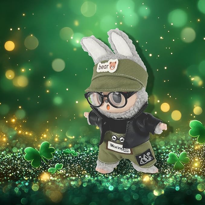 17cm Clothes Set (NO Doll) 5PC Set Hat Glasses Overalls for 17cm Accessories Suit, Doll Clothing for Trendy Blind Box，Cute Clothes for LBB Doll Dress up Unique Style,Free Combination (Olive)