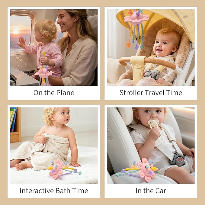 Silicone Baby Sensory Montessori Toys & Pull String Teething Toys for 6-12-18 Months, Toddler Birthday Gift Car Seat Airplane Travel Toy for 1 2 Year Old Boy Girl Infant 8 9 10 Months Old (Pink)