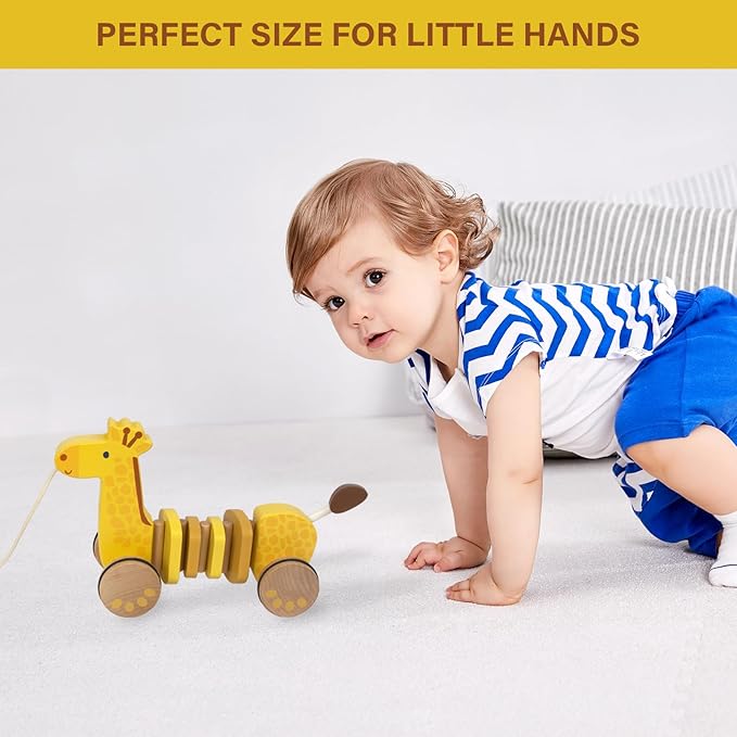 Baby Toys Car,Wooden Pull Along Toddler Toy, Developmental Toy for 1 Year Old Girl Boy Birthday Gift (Giraffe)