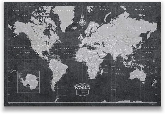 Conquest Maps World Travel Map with Pins Modern Slate Style Push Pin Travel Map Cork Board, Track Your Travels w/a Handmade Unique Canvas Pinable Map (24" x 16")