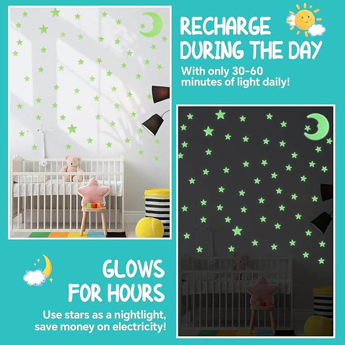 Glow in The Dark Stars for Ceiling - 205PCS Stars & 1 Moon for Kids Bedroom, Baby Room Nursery - Safe, Removable & Reusable