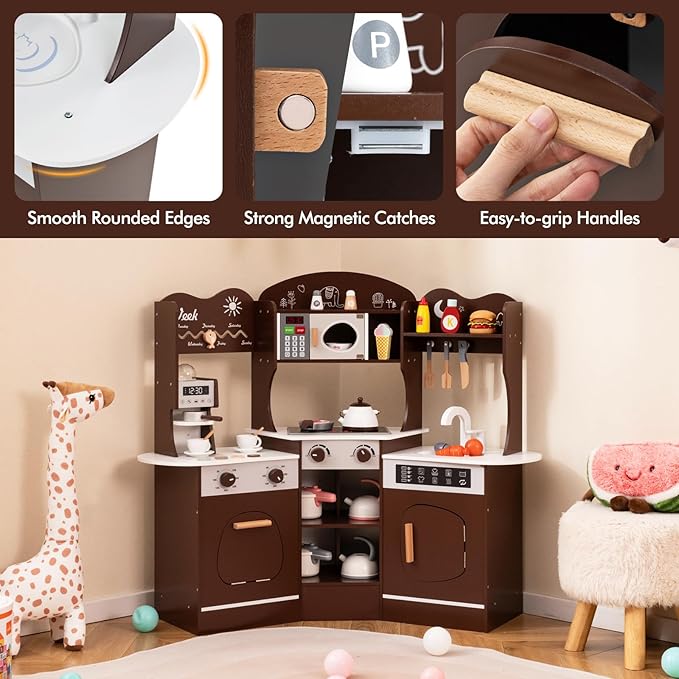 Costzon Corner Play Kitchen, Wooden Kids Kitchen Playset with Lights & Sound, Coffee Maker, Washing Machine, Oven, Microwave, Toddler Toy Kitchen for Pretend Play, Gift for Boys Girls 3+ (Brown)