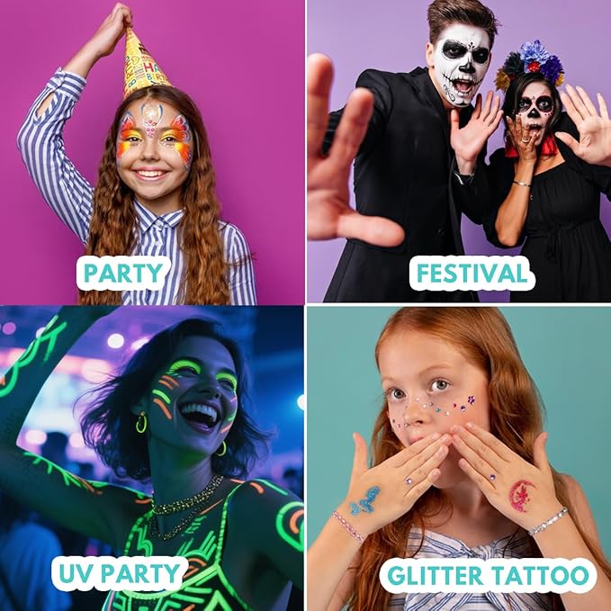 Bowitzki Face Paint Kit with 54 Colors, 8 sheets Stencils, 2 Glitters,10 Brushes, 1 Sheet Gems, Water Based Face Painting Kit, Safe Professional Halloween Party Makeup Set