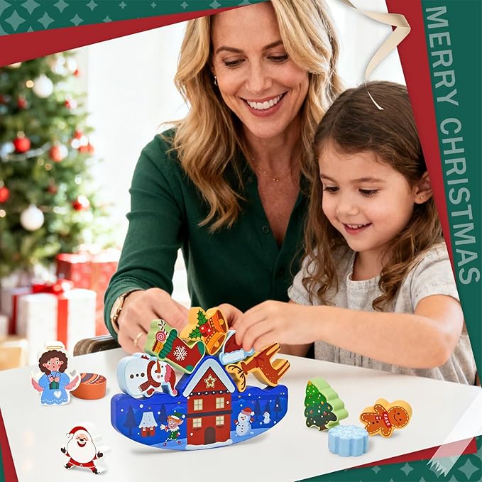 Vileafy Christmas Toys for Toddlers and Kids Gifts, Xmas Wooden Stacking Toys -12 Play Figure Playsets -Santa Claus, Snowman, Reindeer & Gingerbread Man for Stocking Stuffers
