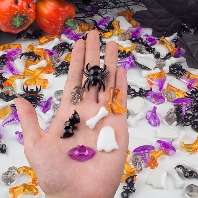 250PCS Halloween Vase Filler – Acrylic Halloween Sensory Bin Filler with Spiders, Bats, Skulls, Ghosts, Witch Hats, Boots, and Bones, Mini Halloween Figurines for Crafts and Bowl Decor