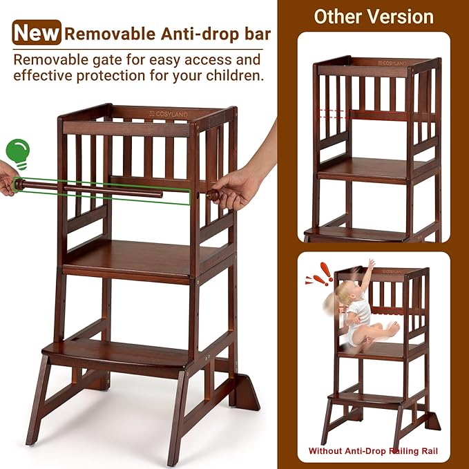 COSYLAND Toddler Standing Tower - Adjustable Height Toddler Kitchen Stool Helper - Kids Kitchen Step Stool for Learning with Removable Safety Railing Brown