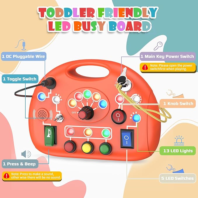 Montessori Busy Board for 1 Year Old, Busy Board with LED Light, Baby Sensory Board Toddler Travel Toys for Kids Preschool Learning Activities Boys & Girls Birthday (Orange)