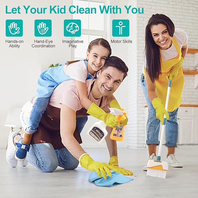 Joyfia Kids Cleaning Set 12 Piece, Toy Cleaning Set Includes Broom, Dustpan, Mop, Brush, Spray, Scraper, Bucket, Sponge and More, Pretend Play Housekeeping Kit for Toddlers Aged 3+