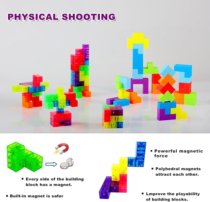 Kids Magnetic Building Blocks Magic Magnetic 3D Puzzle Cubes Set of 14 Multi Shapes with 108 Guide Cards, Parent-Child Interactive Children's Educational Toys