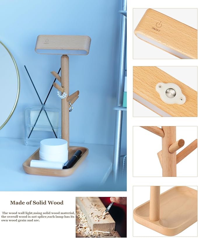 Wooden Table Lamp Tree Trunk Wood Column Rechargeable Led Desk Lamps Magnetic 360°Rotate Battery Powered Wall Night Lights for Bedside Living Edge Table (Beech)