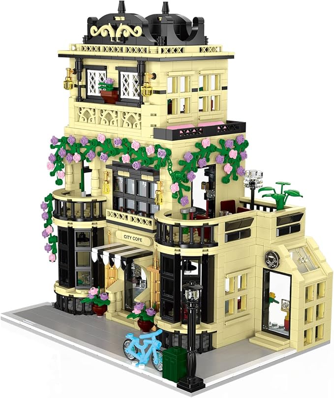 City Cafe Architecture Building Kit with LED Lights,3 Levels City Cafe Model Building Blocks Toy,for 12+Age Teen,Adult（1443 Pieces）