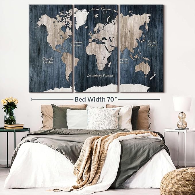 ElephantStock Aged Blue World Map I Canvas - 3 Panel Wall Decor - World Map Digital Art - Blue Wall Art - 74" X 48"