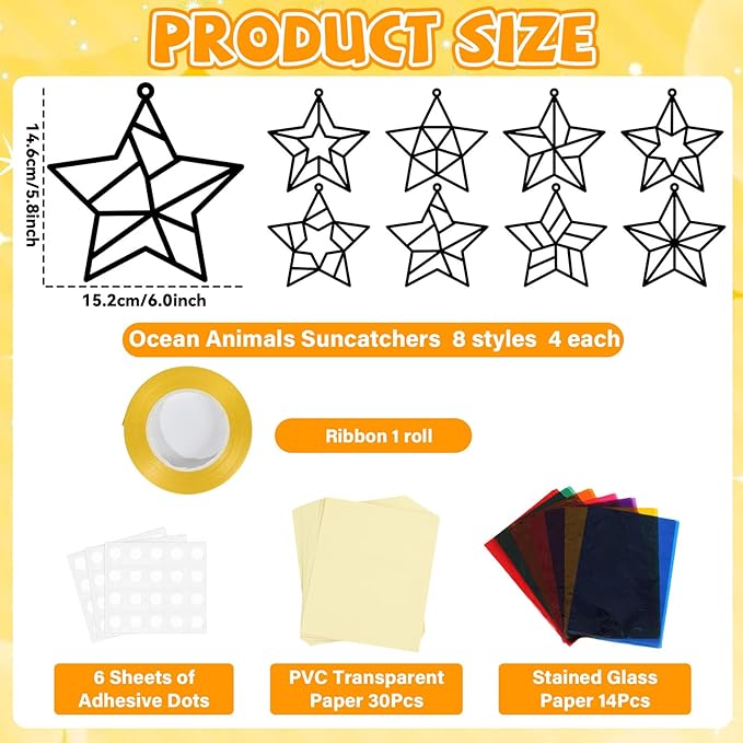QOUBAI 32 Sets Back to School Stars Suncatchers Craft DIY Window Stained Glass Effect Patriotic 4th of July Paper Craft Home School Classroom Decor Kid Birthday Gift Creative Art Project Activity Game
