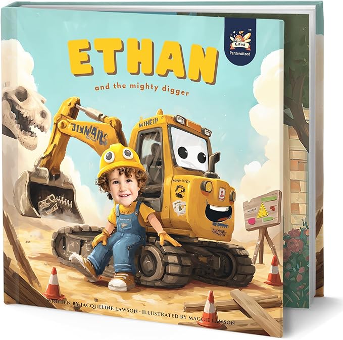 ELFINK Personalized Children Story Books - The Mighty Digger & Dinosaur Discovery - Customized Name & Photo - Baby Gifts - Children Bedtime Story (Soft Cover)