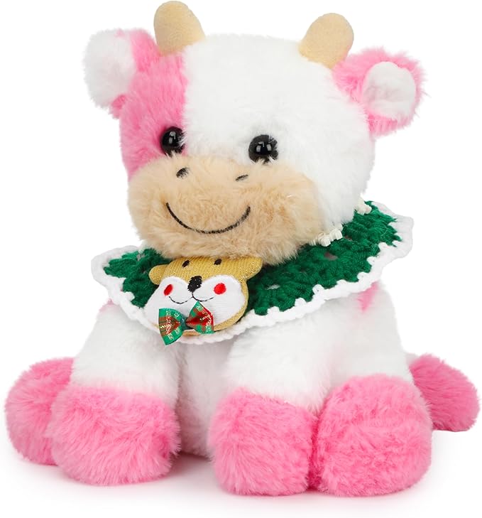 Hopearl Adorable Christmas Plush Cow Toy Floppy Dairy Cattle Soft Stuffed Animal Cute Xmas Gifts for Boys Girls Kids Toddlers, Pink, 9''