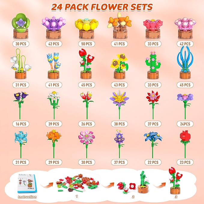 24 Pack Flowers Party Favors for Kids Building Set - 827PCS Succulents 3.6MM Mini Building Blocks Toy for Easter Basket Stuffers, Classroom Prizes, Mother's Day Birthday Gift for Girl Boy Ages 6+