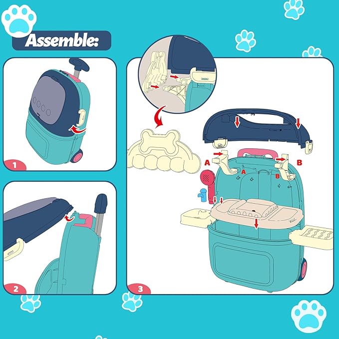 MAGIC4U Pet Cat Care Carrier Suitcase Toy, 29PCS Doctor Vet Kit for Kids, Pet Dog Grooming Feeding Toys, Veterinarian Pretend Play Set, Gifts for Boys and Girls Ages 3-12