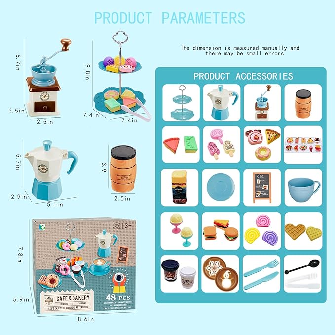 Pretend Tea Party Set for Little Girls, 48 PCS Coffee Maker Set and Play Food Dessert Set for Kids Age 3 4 5 6 7 8 9, Kids Kitchen Pretend Play for Princess Girls Boys(Blue)