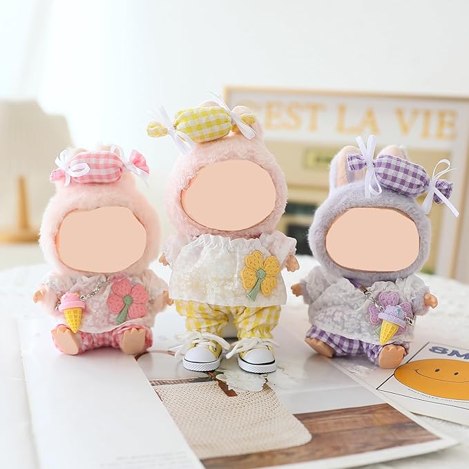 Clothes for Labubu Doll,Clothes for Dolls Accessories,Four-Leaf Clover Candy Summer Replacement Outfit Set 5 Pieces Suitable for Labubu 15&17cm,Adorable Dress-Up Accessories for Doll (Yellow)