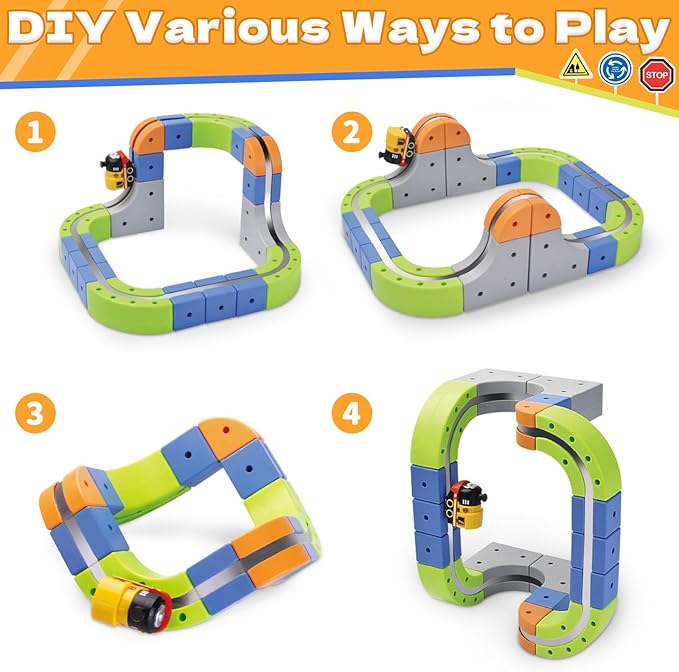 Magnetic Track Car Toys, 55PCS Flexible Race Car Track Sets for Toddlers with Electric Train, Traffic Signs, Kids Train Set Toys for 3 4 5 6 7 8 Year Old Boys Girls Birthday Party Gifts-Small